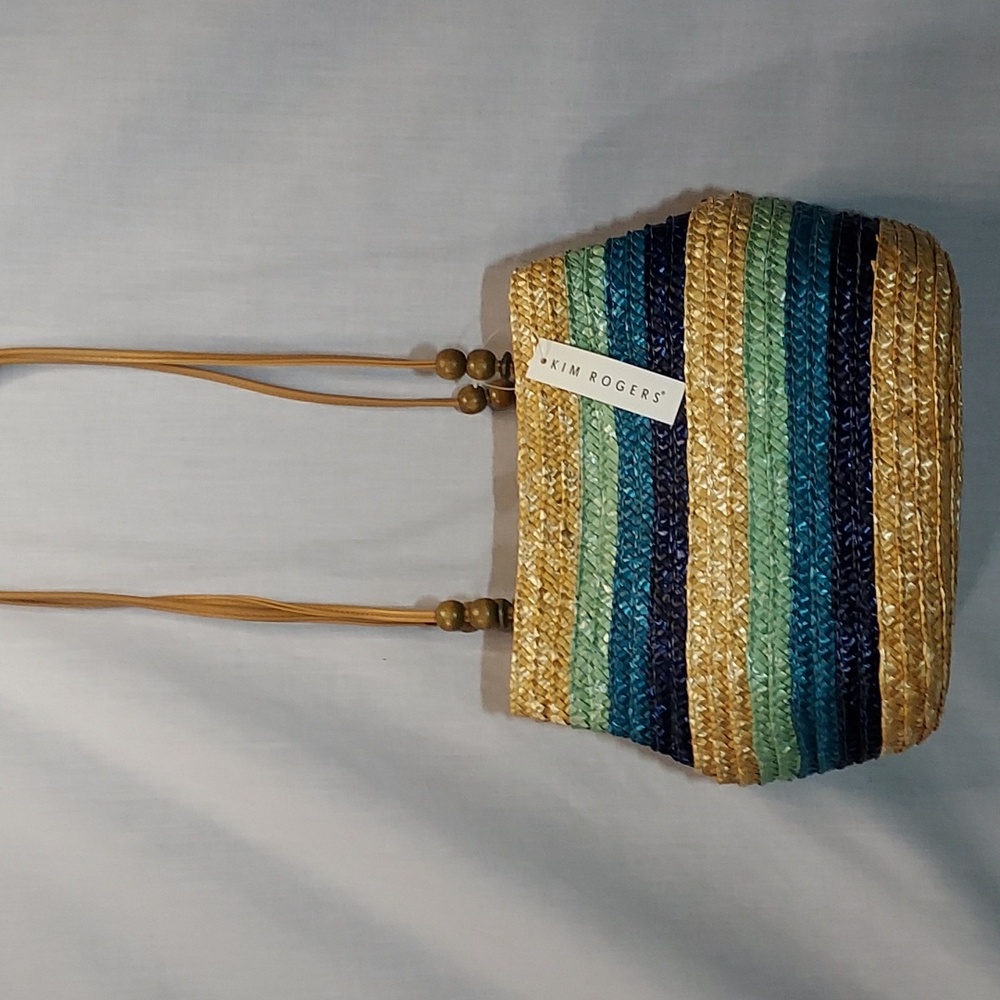NWT Kim Roger's wheat straw‎ striped bucket purse